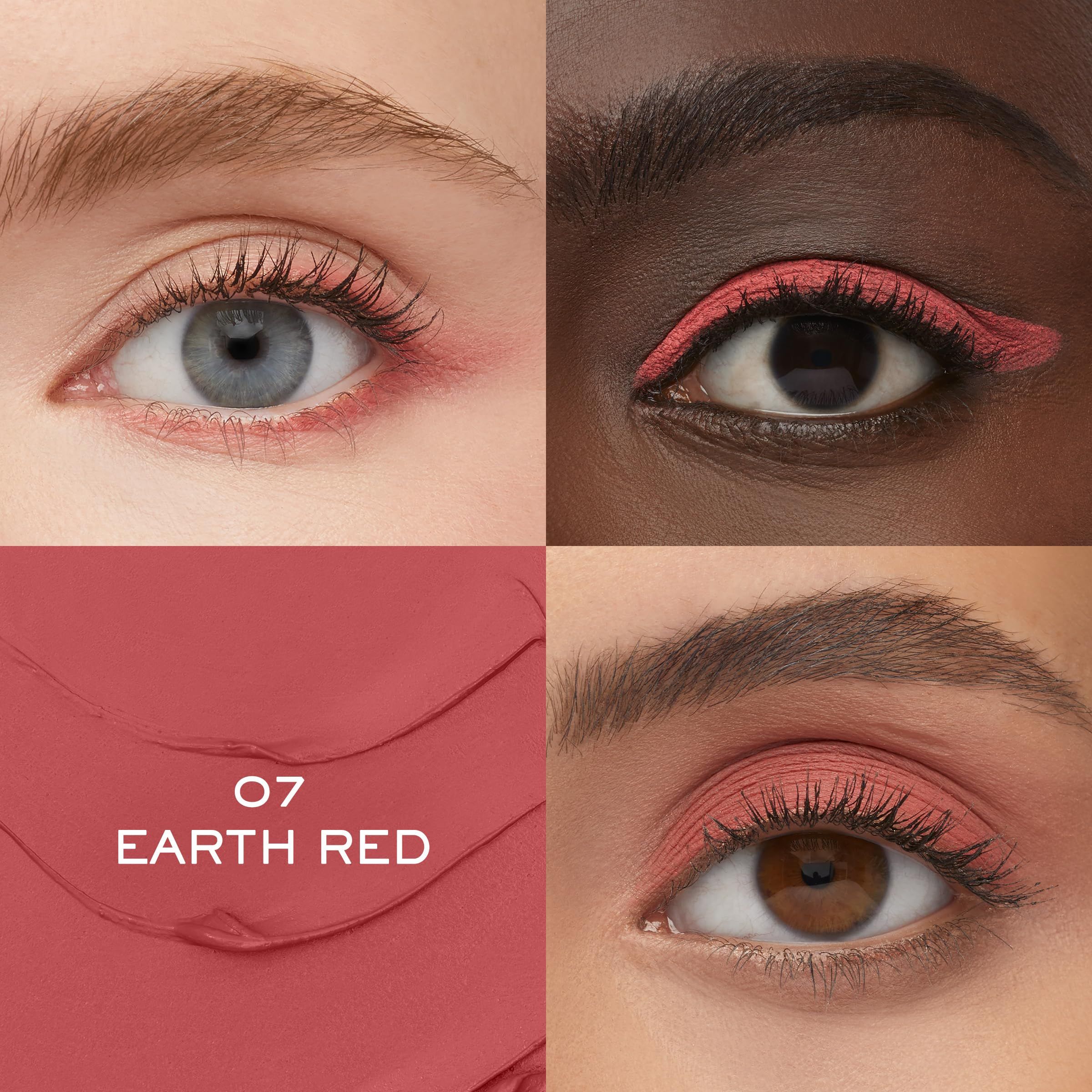 Vier Augenpartien mit farbigem Lidschatten und Eyeliner. Unten links: Text "07 EARTH RED".