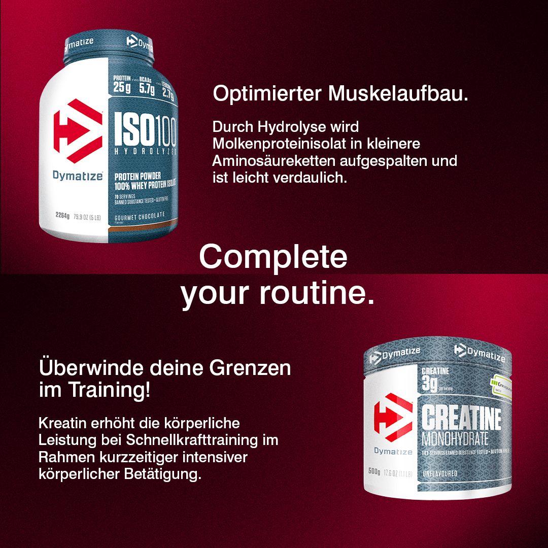 Dymatize ISO 100 und Creatine Monohydrate Behälter. Informationen zu Muskelaufbau und Leistung.