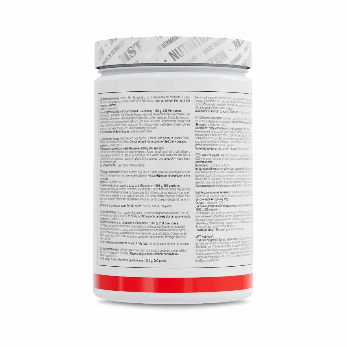 Rückseite des weißen Supplement-Behälters mit Text. Enthält Informationen zu Inhaltsstoffen und Anwendung.