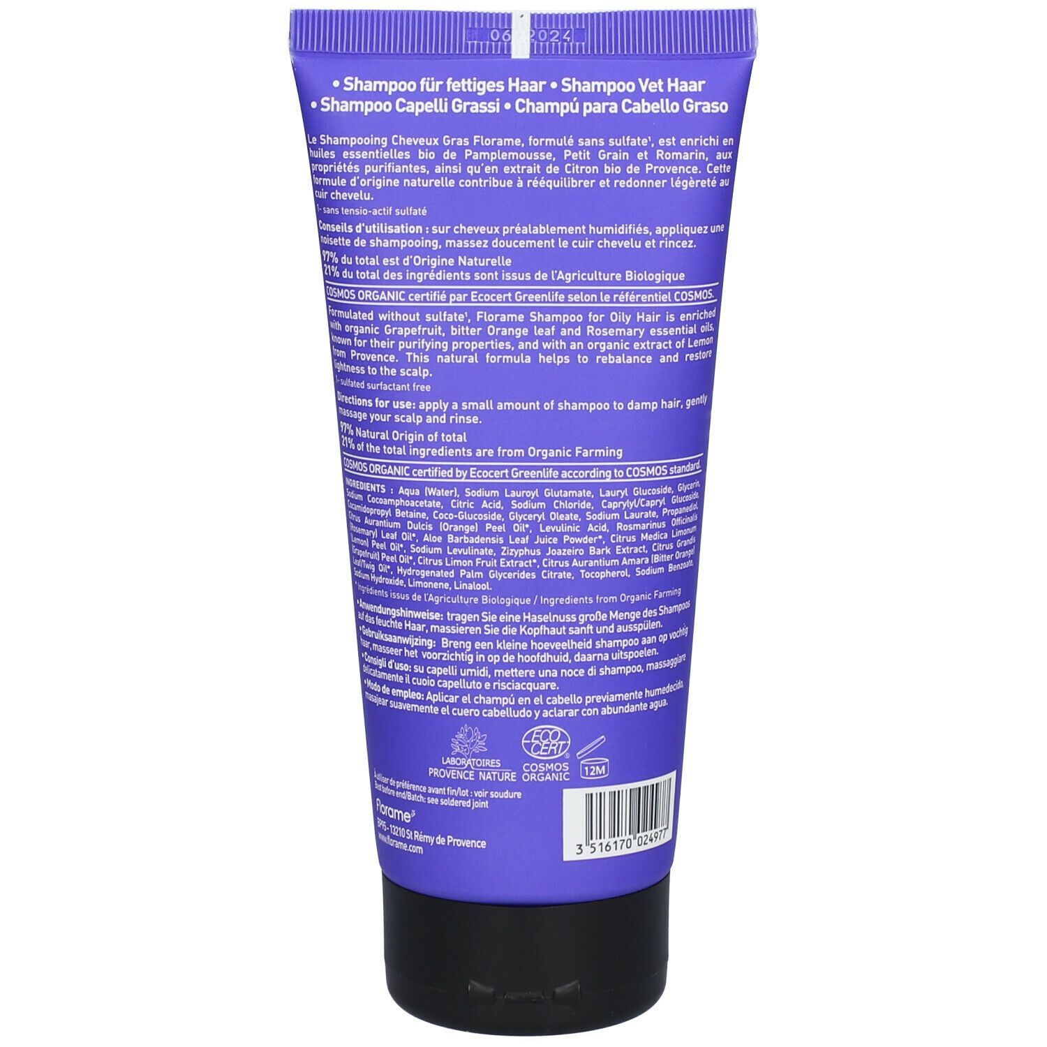 Rückseite einer violetten Florame Shampoo-Tube. Text: "Shampoo für fettiges Haar", Inhaltsstoffe, Zertifizierungen, und Anweisungen.