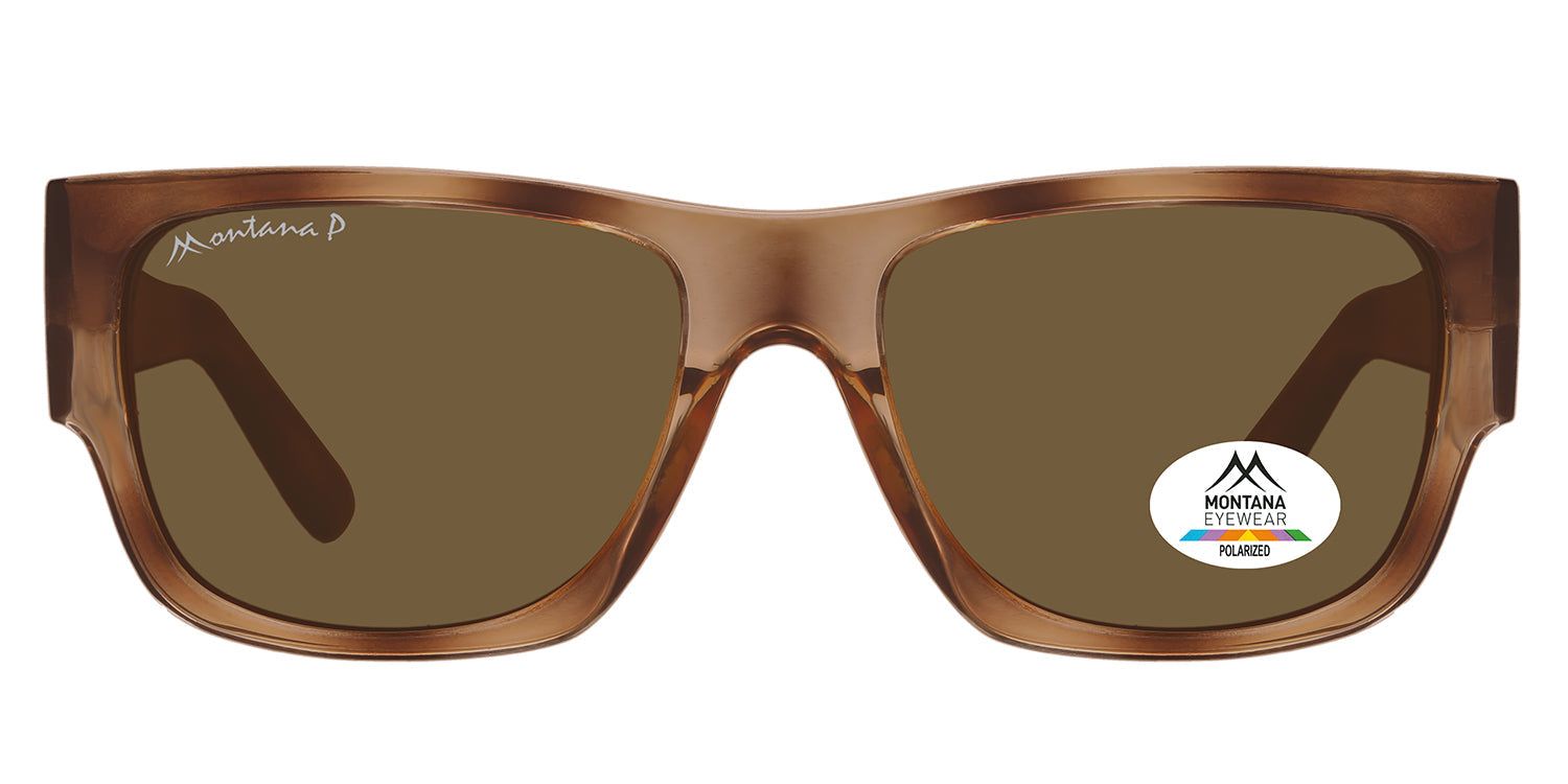 Braune Sonnenbrille mit rechteckigen Gläsern. Montana Eyewear Logo auf dem Glas und Bügel. Polarisiert.