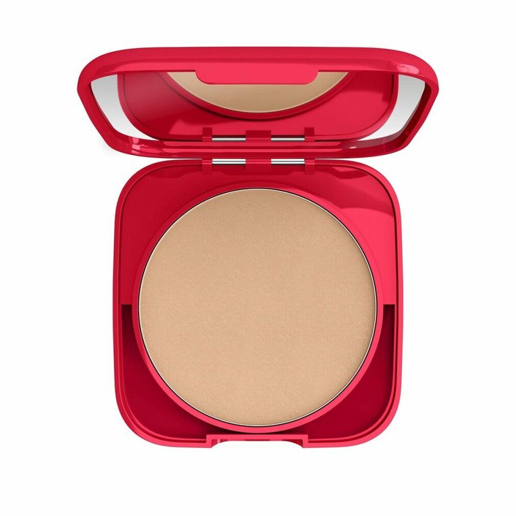 Roter Kompaktpuder geöffnet. Spiegel und Puder sichtbar. Text: Rimmel London Lasting Finish.