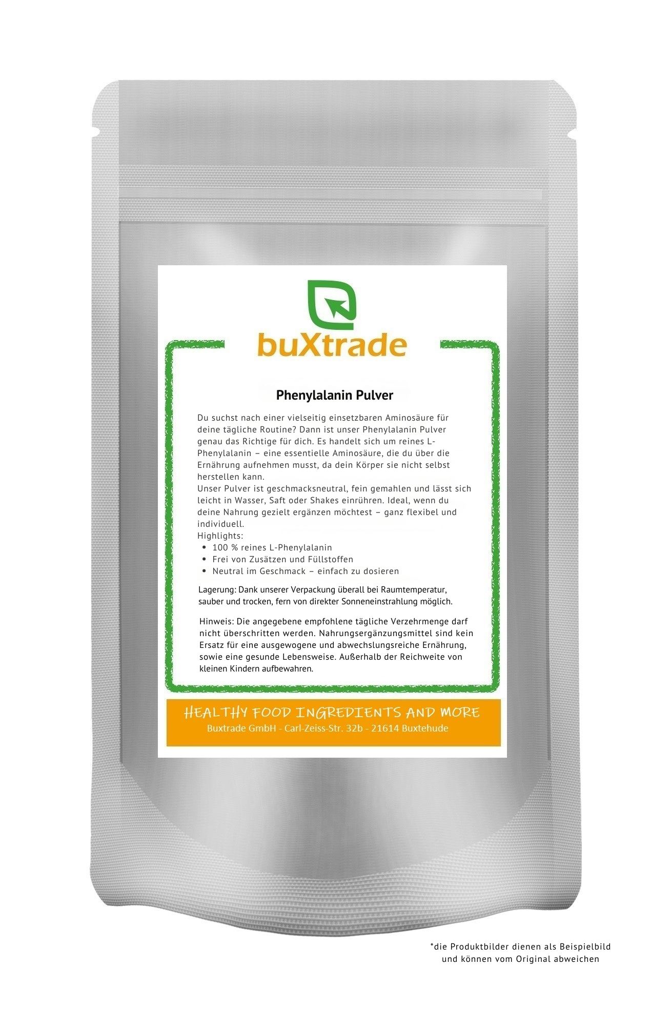 Beutel mit Phenylalanin Pulver. Aufschrift: buXtrade, Phenylalanin Pulver. Text in Grün umrandet. Aufdruck: HEALTHY FOOD INGREDIENTS AND MORE.