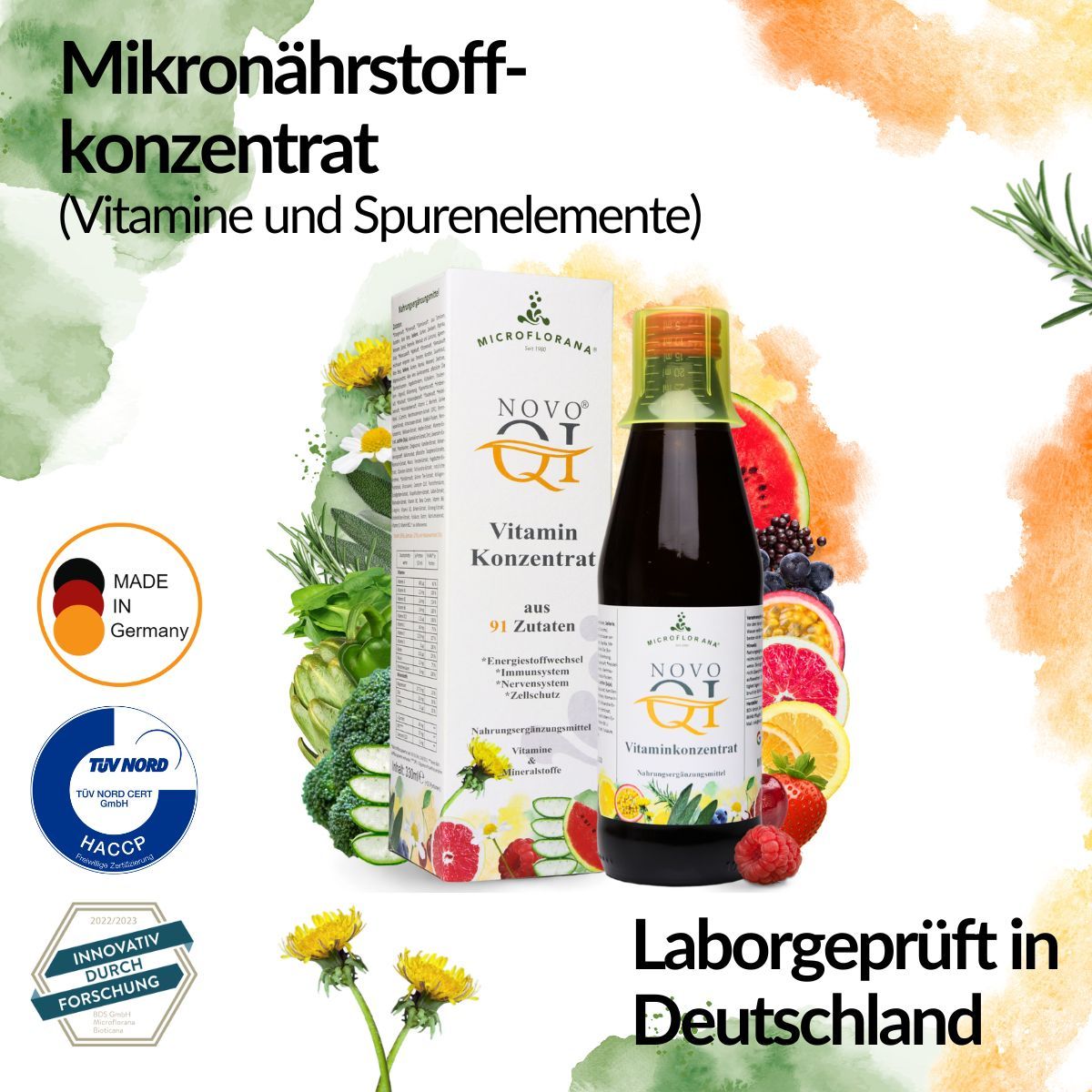 Flasche und Karton. Aufschrift: NovoQi Vitamin Konzentrat. Logos: Made in Germany, TÜV NORD, HACCP, Innovativ durch Forschung.