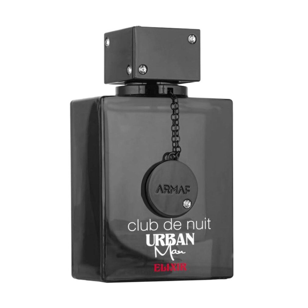 Schwarzer Flakon mit quadratischem Deckel. Aufschrift: Club de Nuit Urban Man Elixir. Anhänger mit Kette.