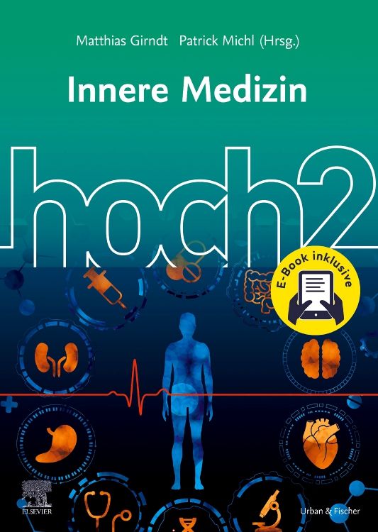 Buchcover: Innere Medizin hoch2. Autoren: Matthias Girndt, Patrick Michl. Mit E-Book inklusive. Logo Elsevier und Urban & Fischer.