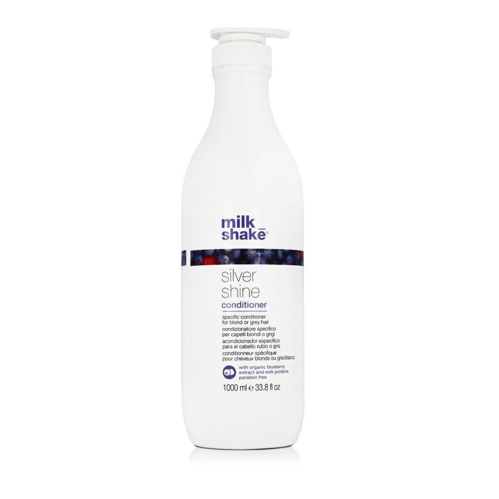 Weiße Flasche mit Pumpe. Aufschrift: milk_shake Silver shine conditioner. Enthält Blaubeerextrakt und Milchproteine. 1000 ml.