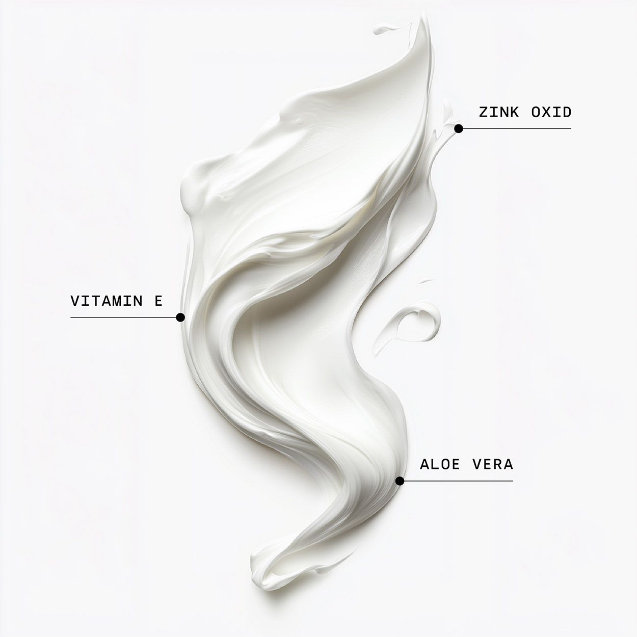 Weißer Sonnencreme-Klecks. Beschriftung: Zinkoxid, Vitamin E, Aloe Vera. Texturen und Inhaltsstoffe sind sichtbar.