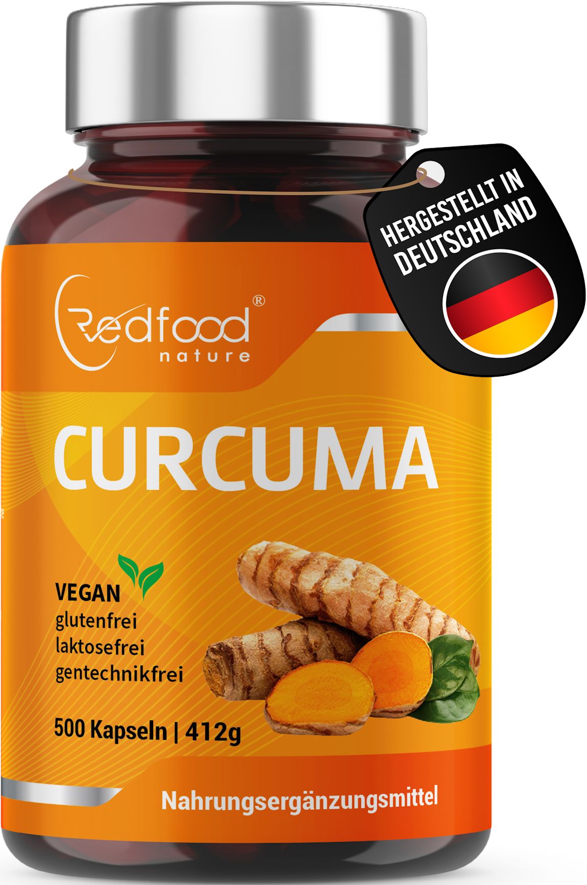 Braune Kapsel-Dose mit Aufschrift CURCUMA. Vegan, glutenfrei, laktosefrei, gentechnikfrei. Mit Kurkuma-Wurzeln und Deutschland-Flagge.