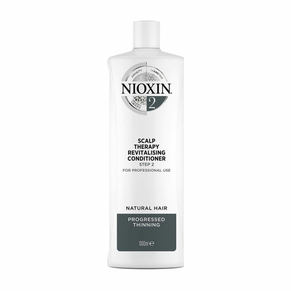 Weiße Flasche mit Nioxin 2. Aufschrift: Scalp Therapy Revitalising Conditioner, Step 2. Für feines Haar. 1000ml.