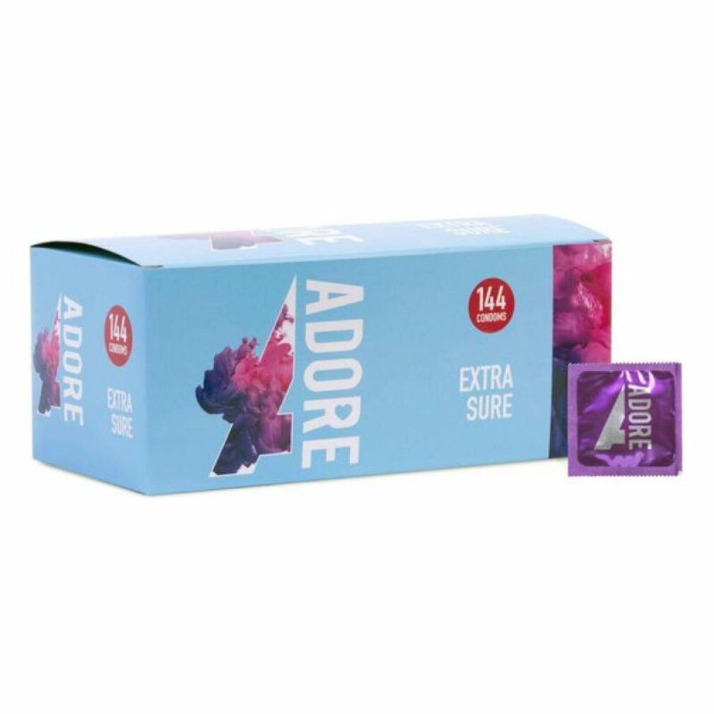 Kondomverpackung, lila. Aufschrift: Adore. Einzelverpackung mit Kondom daneben. Extra Sure.
