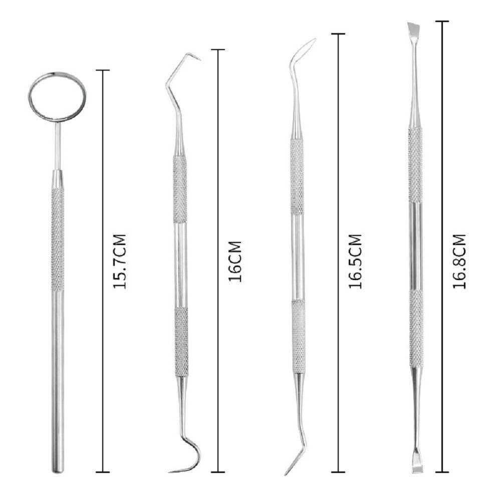 Zahnpflegeset aus Edelstahl. Enthält Spiegel, Haken, und Spatel. Größenangaben in cm neben den Werkzeugen.