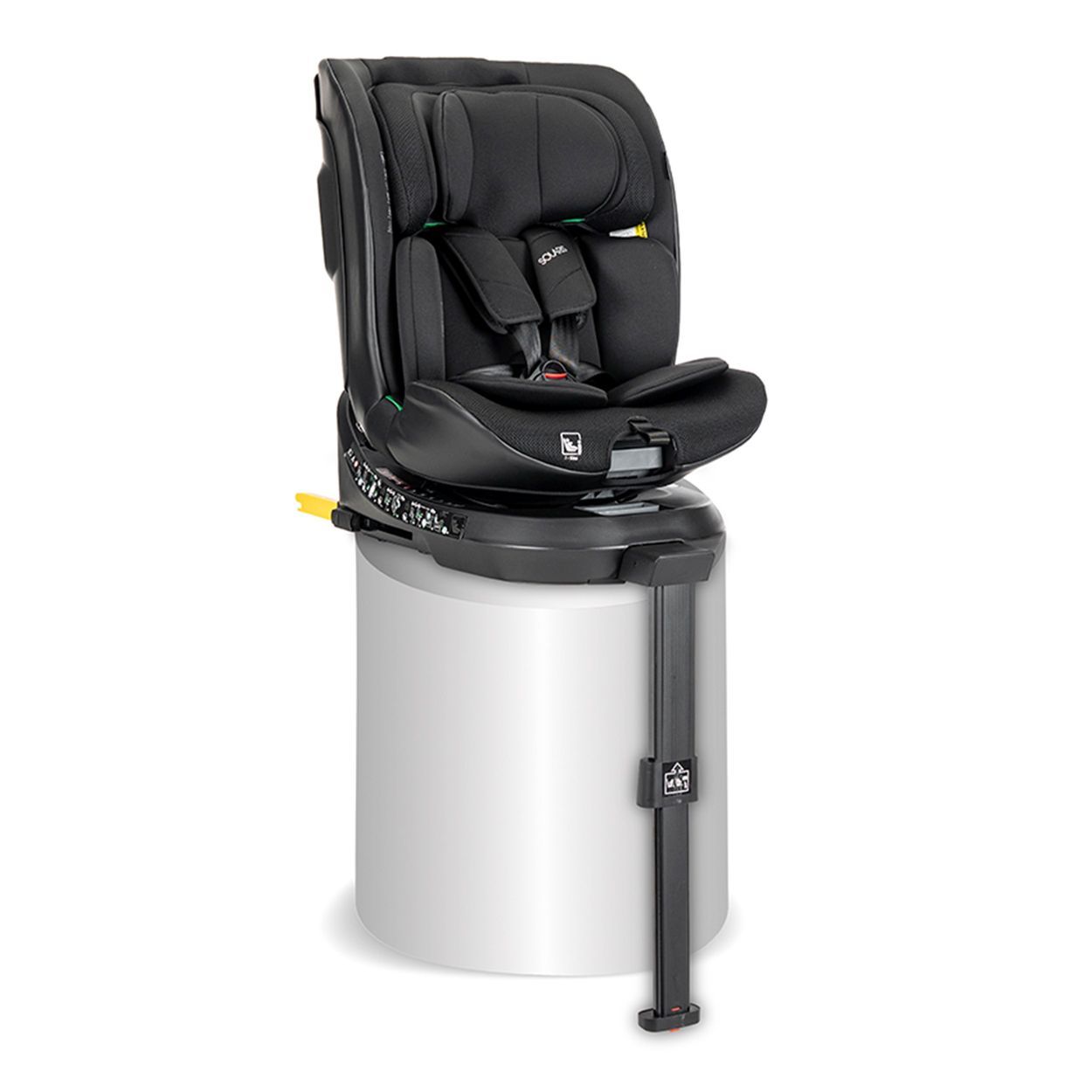 Schwarzer Kindersitz auf weißem Sockel. 'chicco' und 'lux' Logos auf dem Polster.