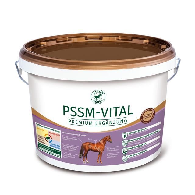 Eimer mit ATCOM PSSM-VITAL. Weißer Eimer mit braunem Deckel. Produktname und Illustration eines Pferdes.