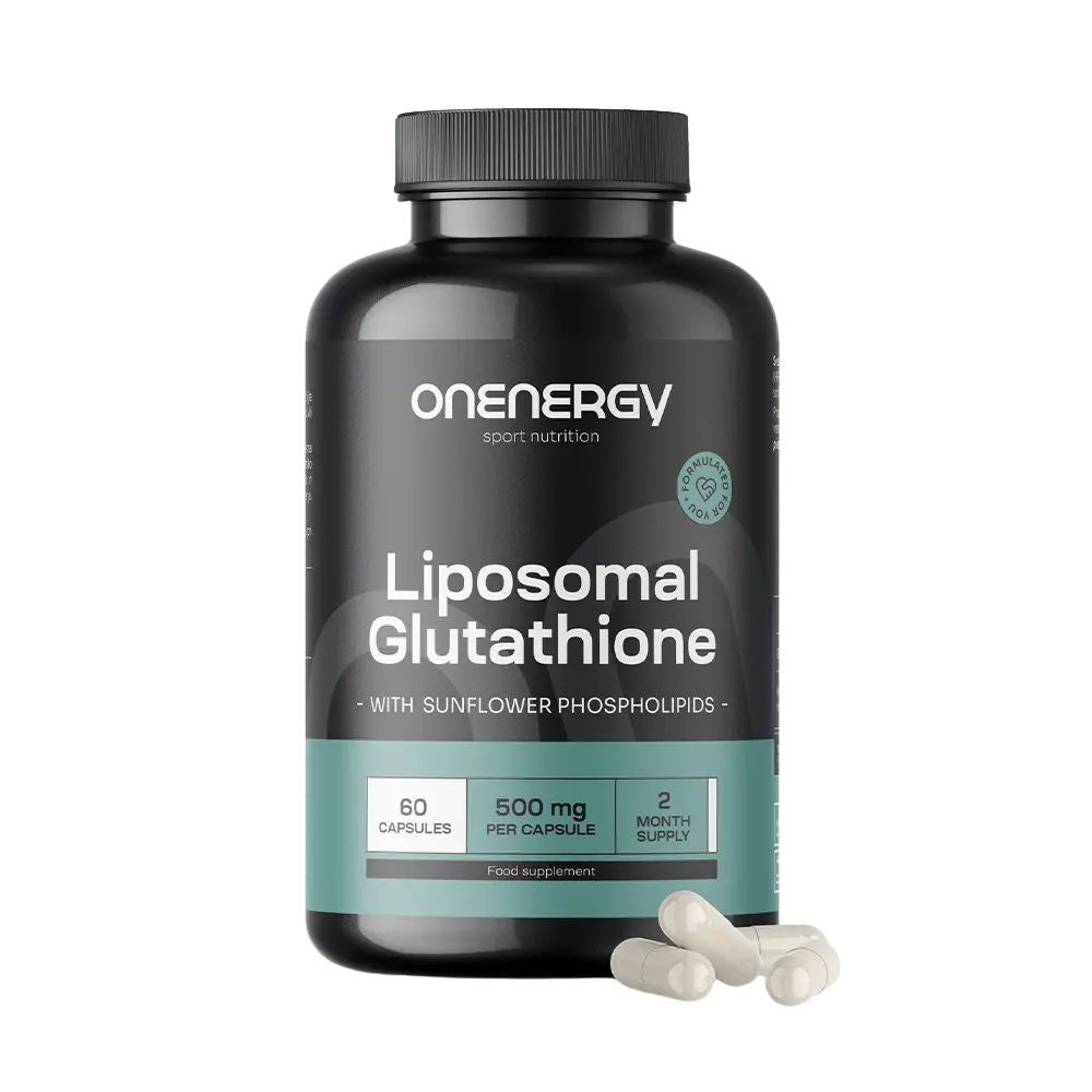Schwarze Flasche mit Kapseln. Aufschrift: OnEnergy, Liposomales Glutathion 500 mg. 60 Kapseln.