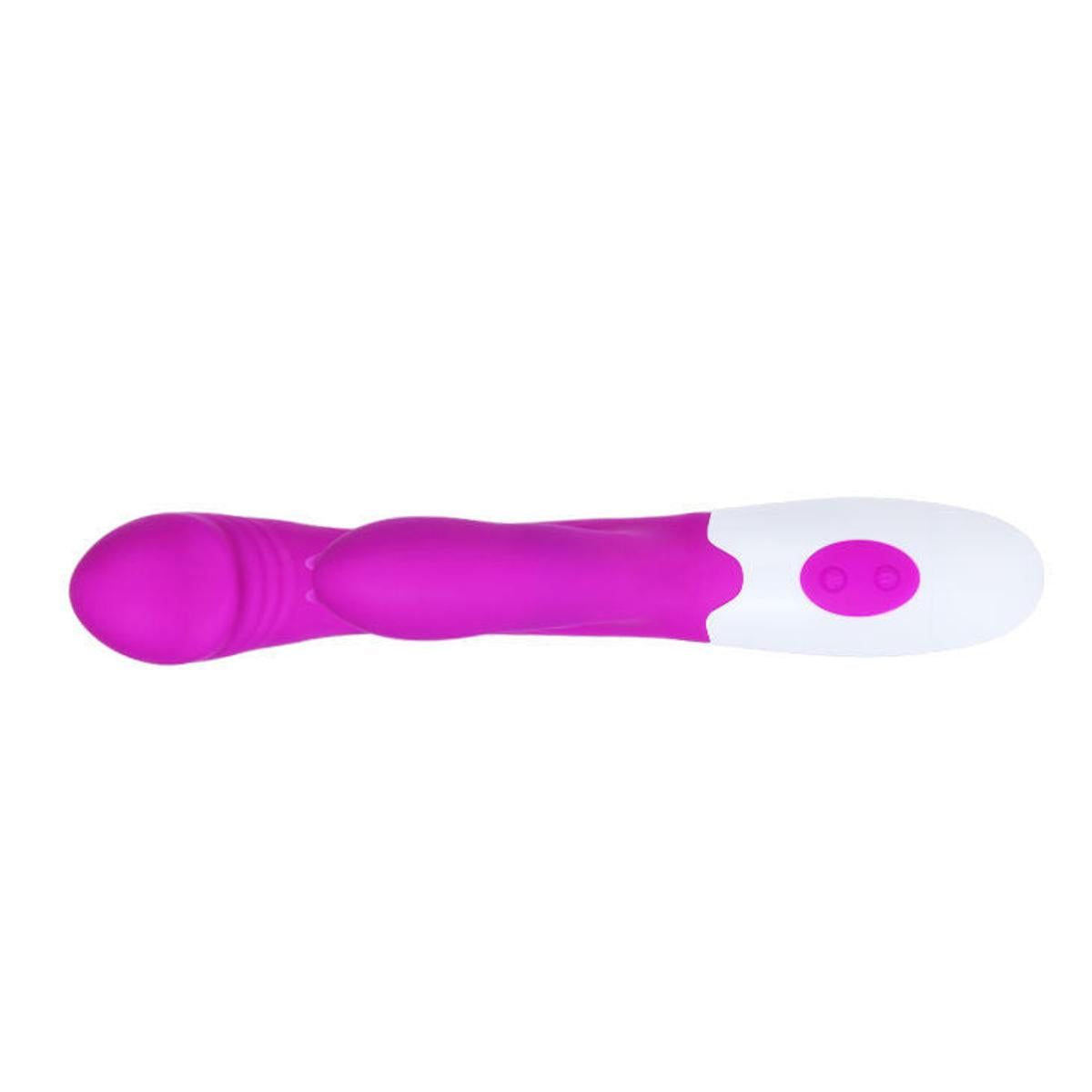 Lila-weißer Vibrator mit zwei Enden. Ein Ende gebogen, das andere mit Noppen. Zwei Knöpfe.