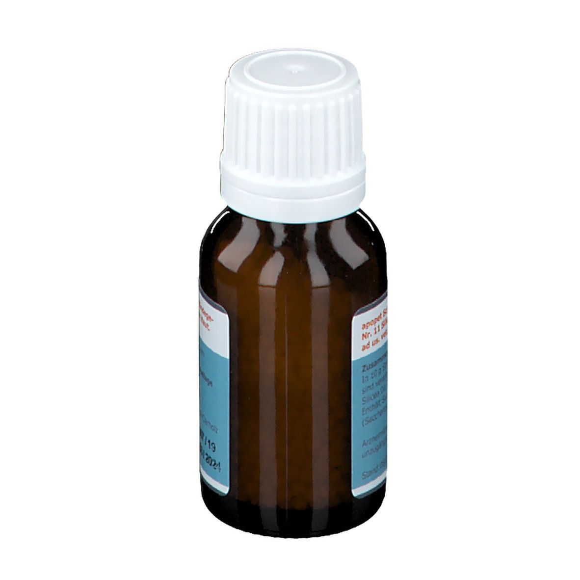 Braune Glasflasche mit weißem Deckel. Etikett mit Text. Für Tiere.
