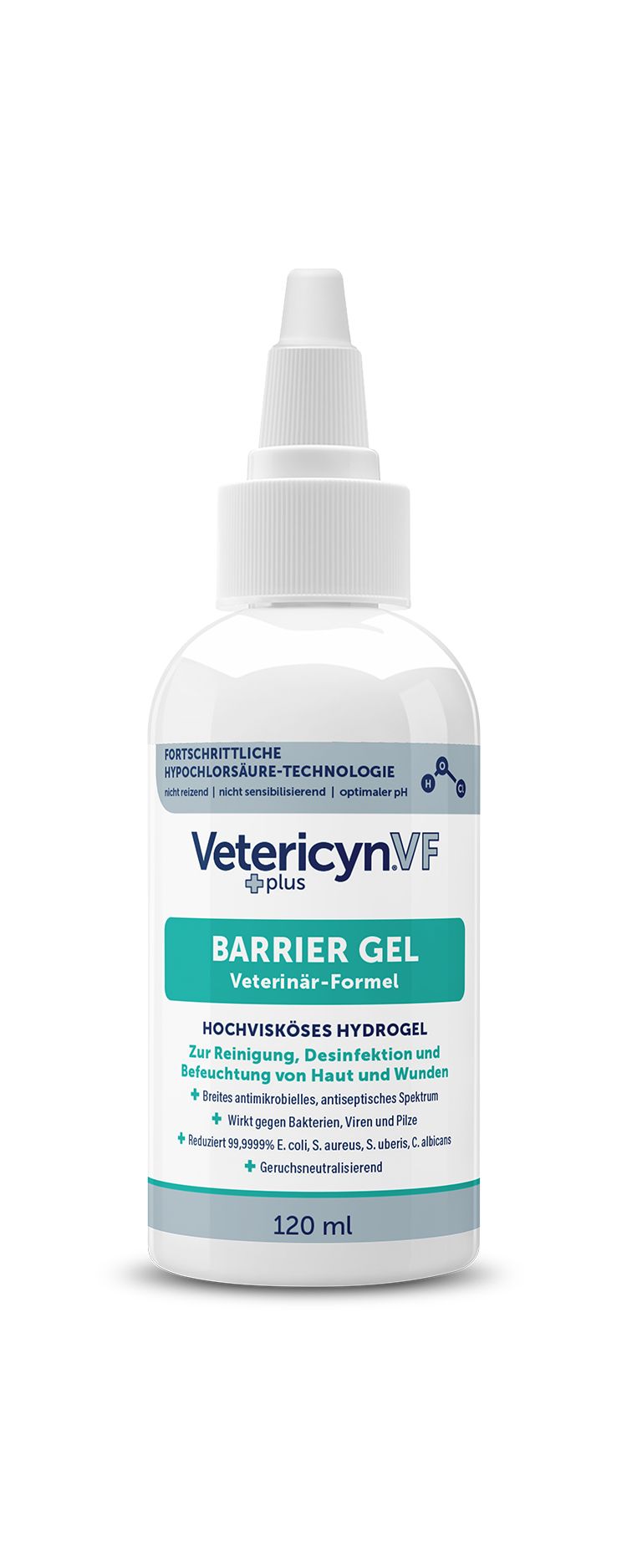 Weiße Flasche mit Spritzkopf. Aufschrift: Vetericyn.VF plus Barrier Gel. Enthält 120 ml. Für die veterinärmedizinische Anwendung.