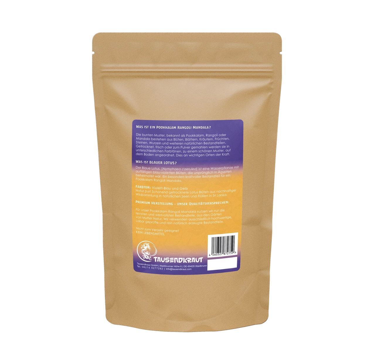 Rückseite eines Beutels. Text: Informationen zum Produkt, Inhaltsstoffe, Herkunft, Anbaumethode, Ernte, Verarbeitung, Farbton, Geruch, Qualität. Marke: Tausendkraut.