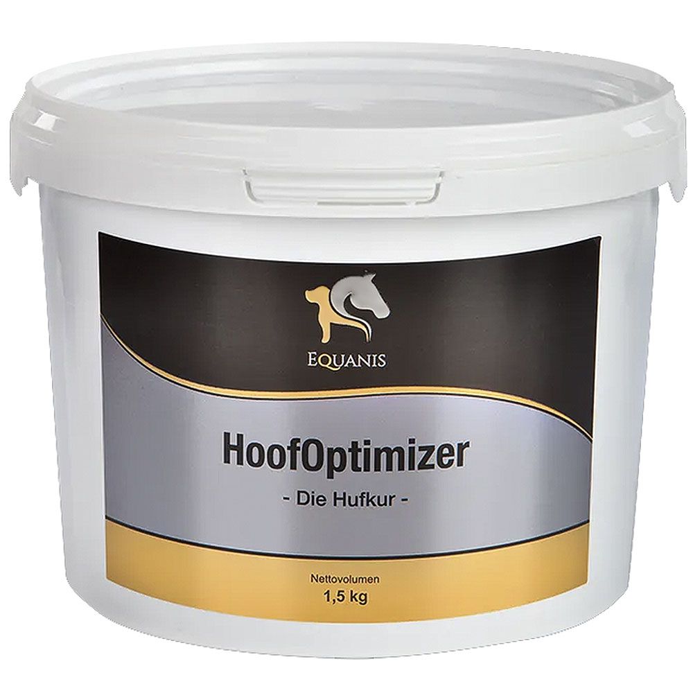 Weißer Eimer mit Etikett. Aufschrift: Equanis, HoofOptimizer, 1,5 kg. Logo: Pferd und Hund.