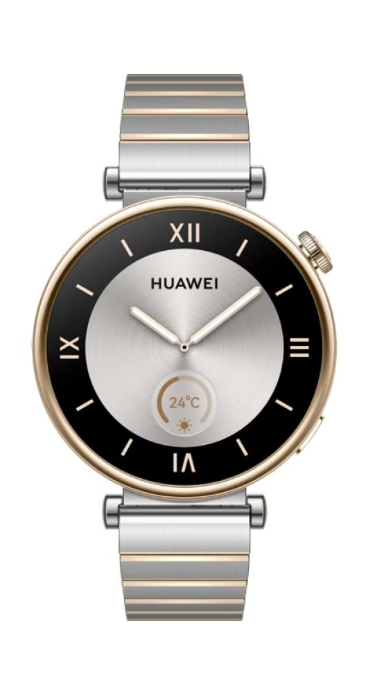 Smartwatch mit rundem Zifferblatt, silbernem Gehäuse und Armband. Schwarzes Zifferblatt mit römischen Ziffern und Huawei-Logo.