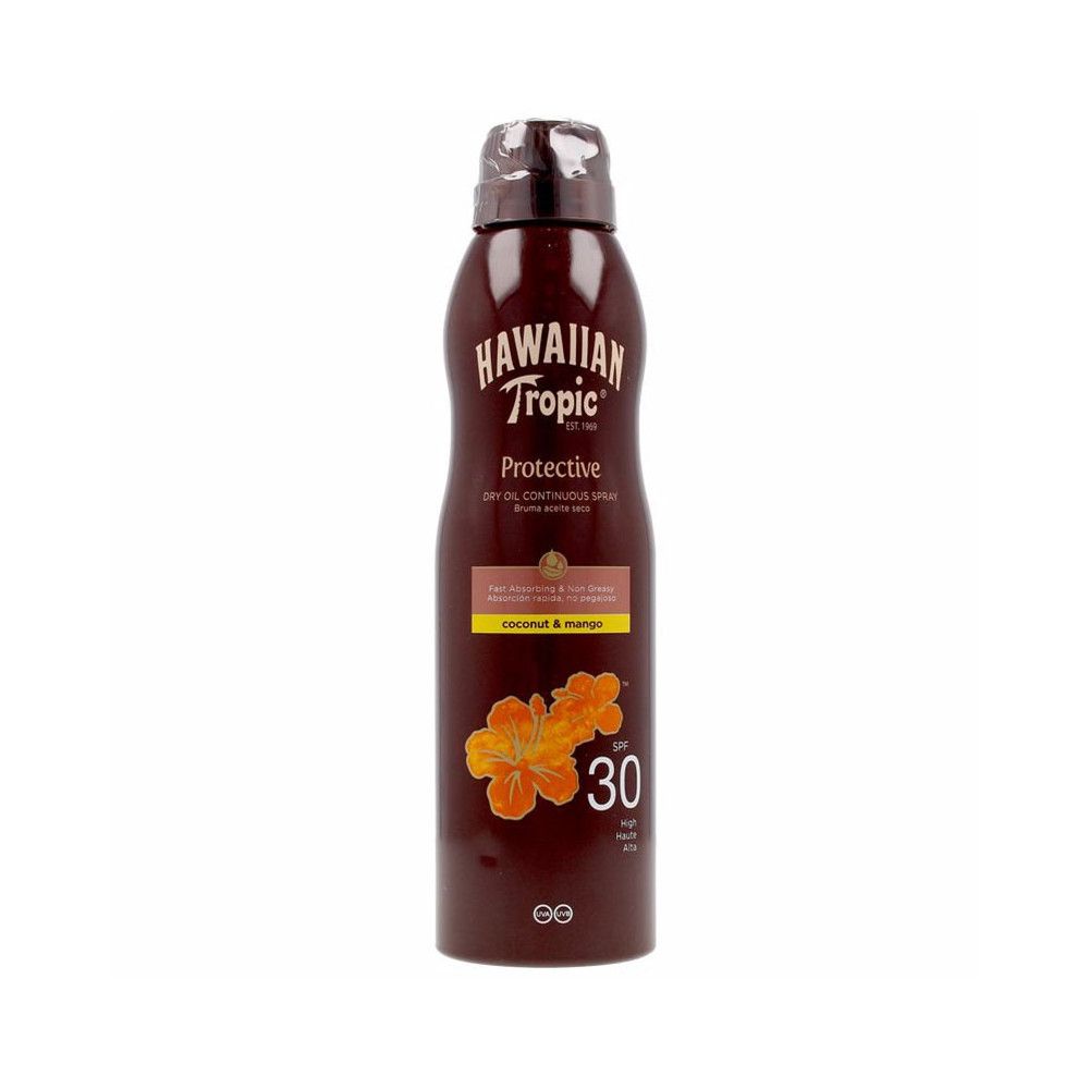 Braune Sprühflasche mit Hawaiian Tropic-Logo, SPF 30, Kokosnuss & Mango. Sichtbare Blüten-Illustration.