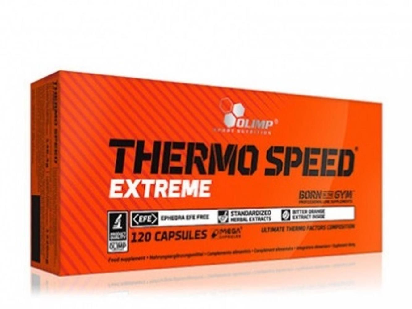 Orangefarbene Verpackung von Olimp Thermo Speed Extreme. Enthält 120 Kapseln. Schriftzug: Thermo Speed Extreme, Born in Gym.