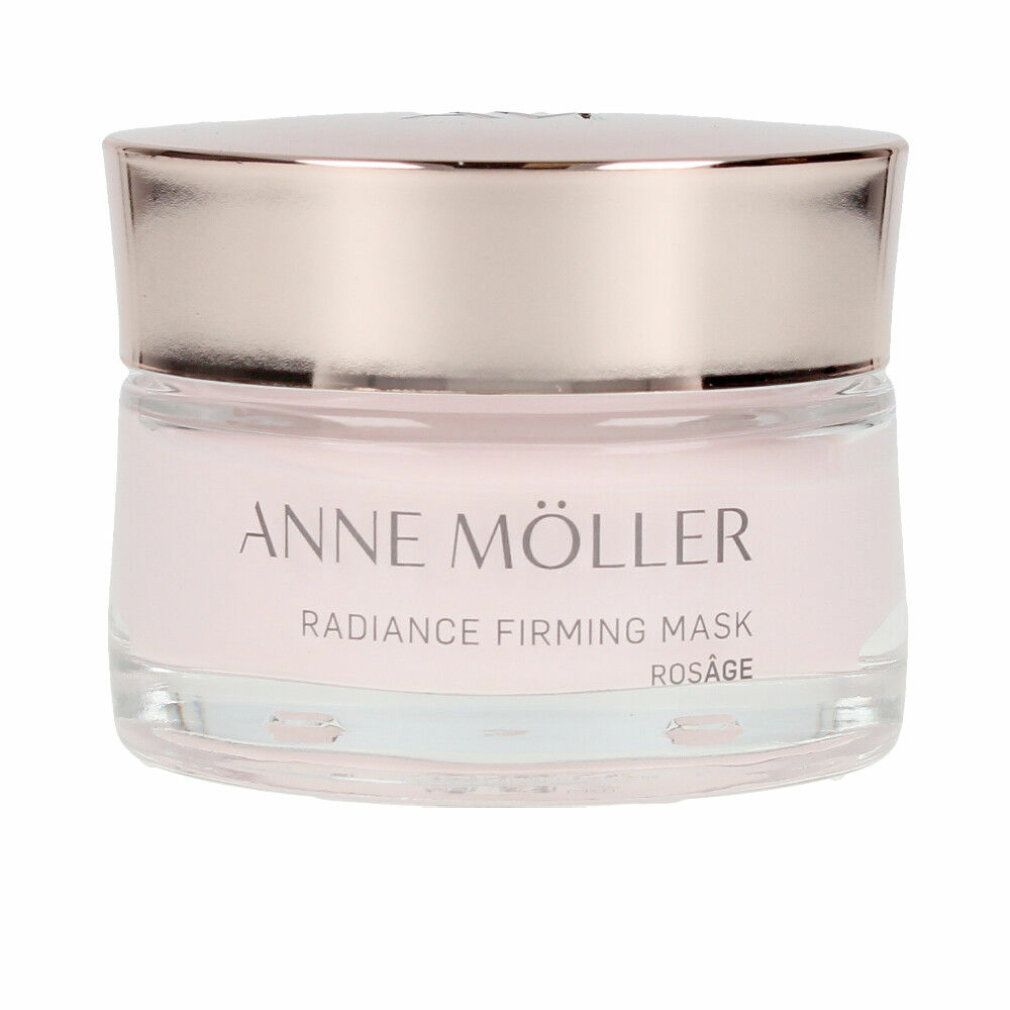 Glasbehälter mit rosafarbener Creme. Deckel in Roségold. Aufschrift: ANNE MÖLLER, Radiance Firming Mask, Rosâge.