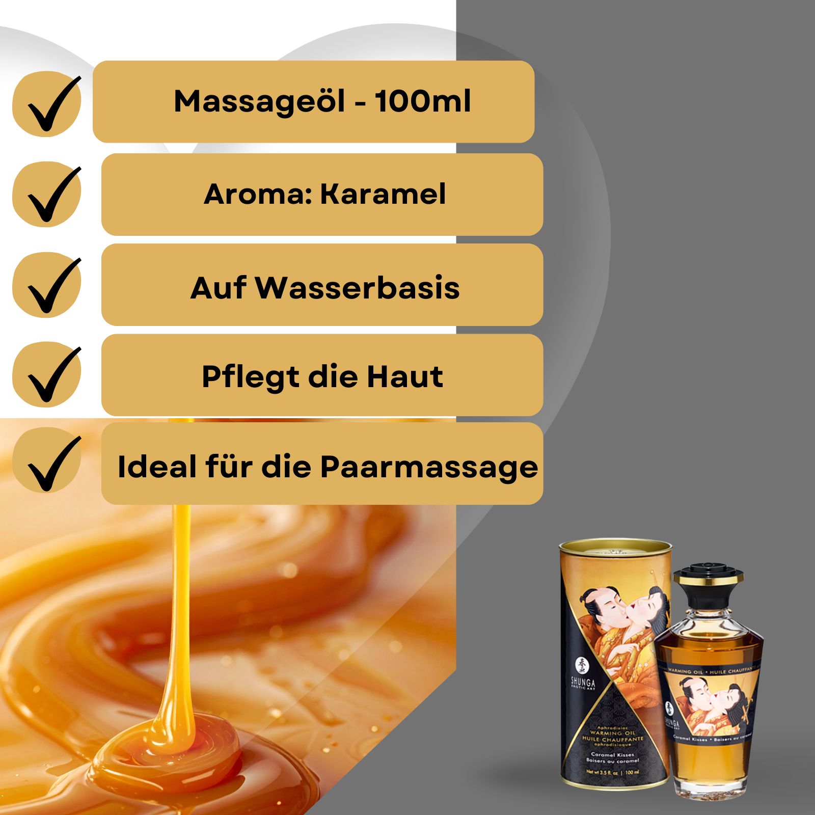 Produkt mit Karamell-Öl-Fluss und Text: Massageöl, Aroma: Karamell, Auf Wasserbasis, Pflegt die Haut, Ideal für die Paarmassage.