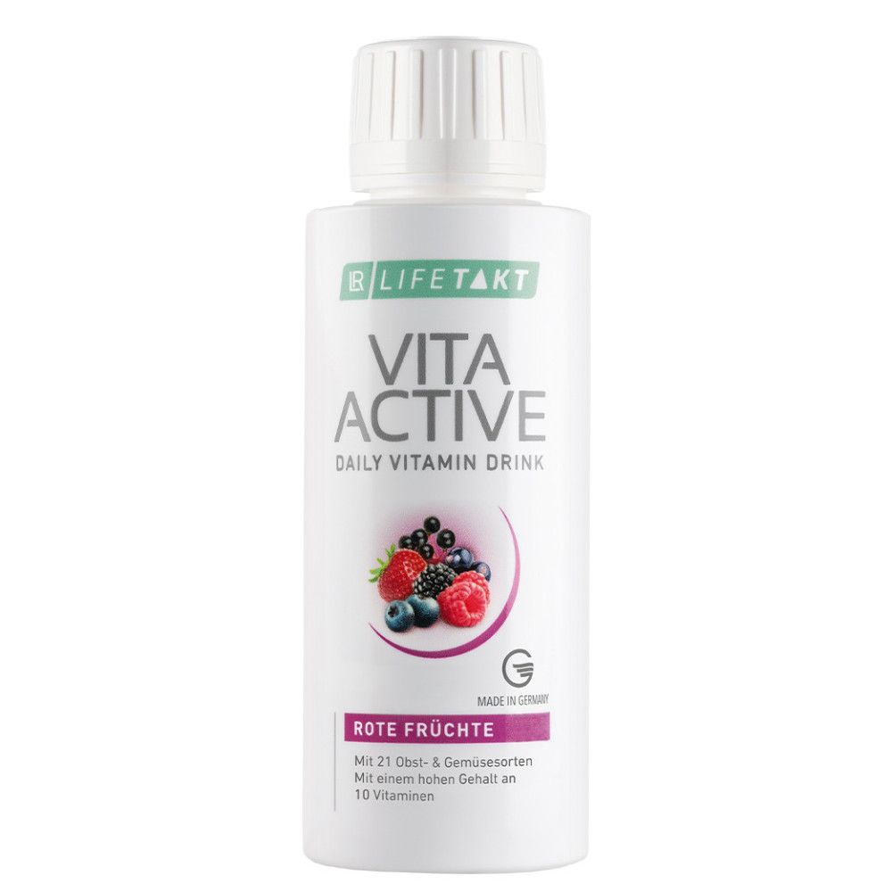 Weiße Flasche mit weißem Deckel. Aufschrift: VITA ACTIVE, Rote Früchte. Abbildung von Beeren. Mit 21 Obst- & Gemüsesorten.