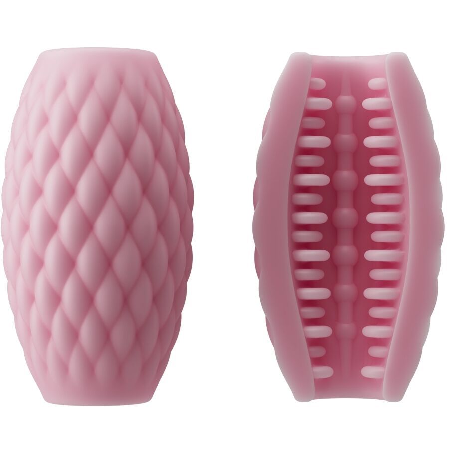 Rosa, ovales Produkt mit rautenförmiger Oberfläche. Innen mit Rippen und Erhebungen. Zwei Ansichten.