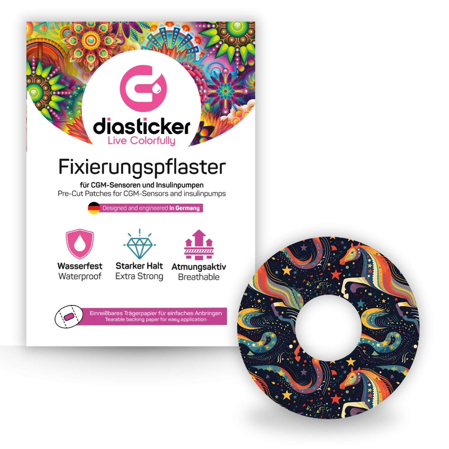 Verpackung mit Pflaster. Pflaster mit Pferde-Design. Text: Diasticker, Fixierungspflaster, wasserfest, starker Halt, atmungsaktiv.