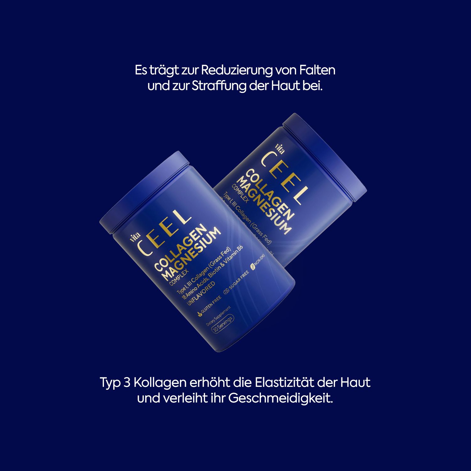 Zwei blaue Dosen mit CEEL COLLAGEN MAGNESIUM COMPLEX Aufschrift auf dunkelblauem Hintergrund.