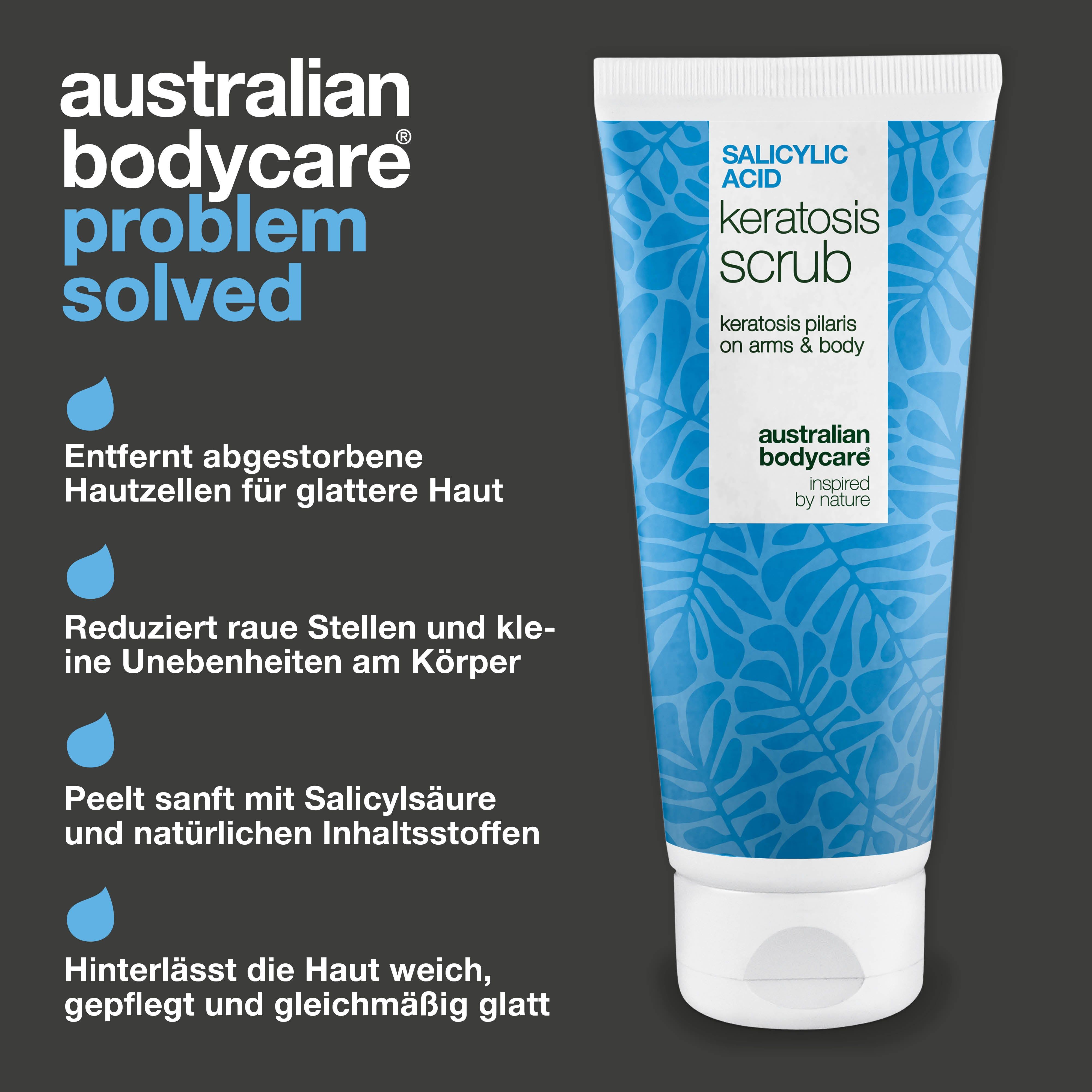Produkt-Tube mit Text: Salicylsäure Keratosis Scrub. Marke: Australian Bodycare. Text: Entfernt Hautzellen.