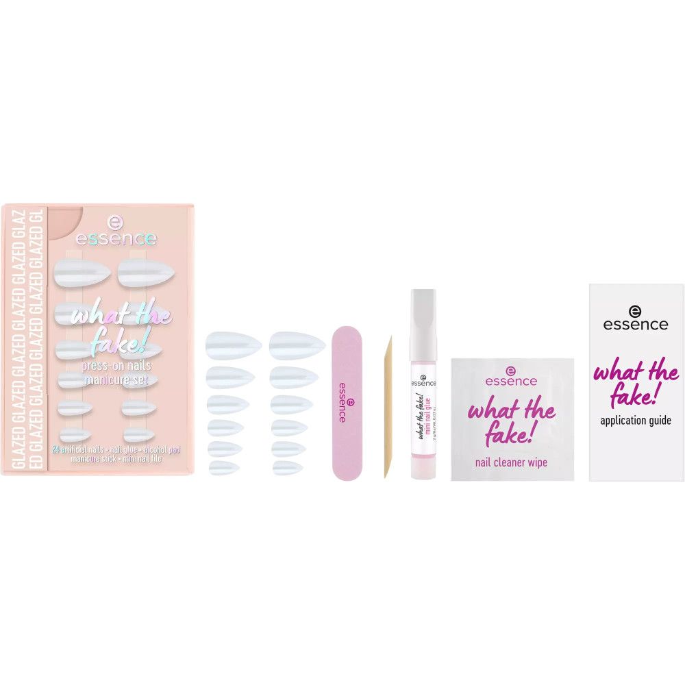 Maniküre-Set mit künstlichen Nägeln und Zubehör. Enthält Nägel, Nagelfeile, Kleber, Reinigungstuch und Anleitung. Marke: Essence.