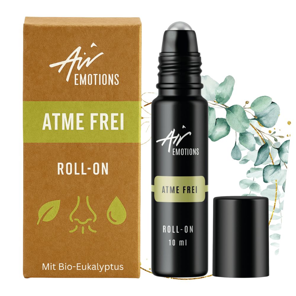 Schwarze Roll-On-Flasche mit silberner Kugel und brauner Verpackung. Aufschrift: ATME FREI, ROLL-ON, Air Emotions.