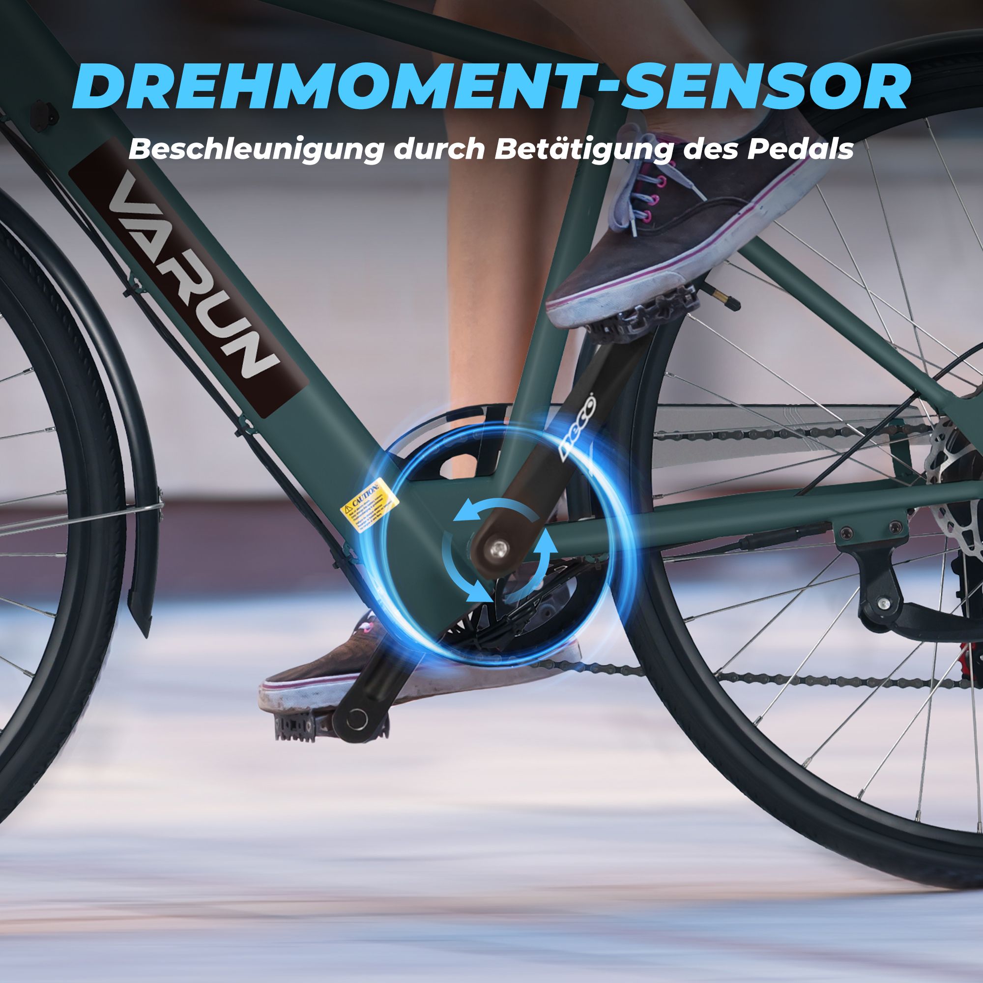VARUN E-Bike, Detailansicht des Pedalsensors. Text: Drehmoment-Sensor, Beschleunigung durch Betätigung des Pedals.