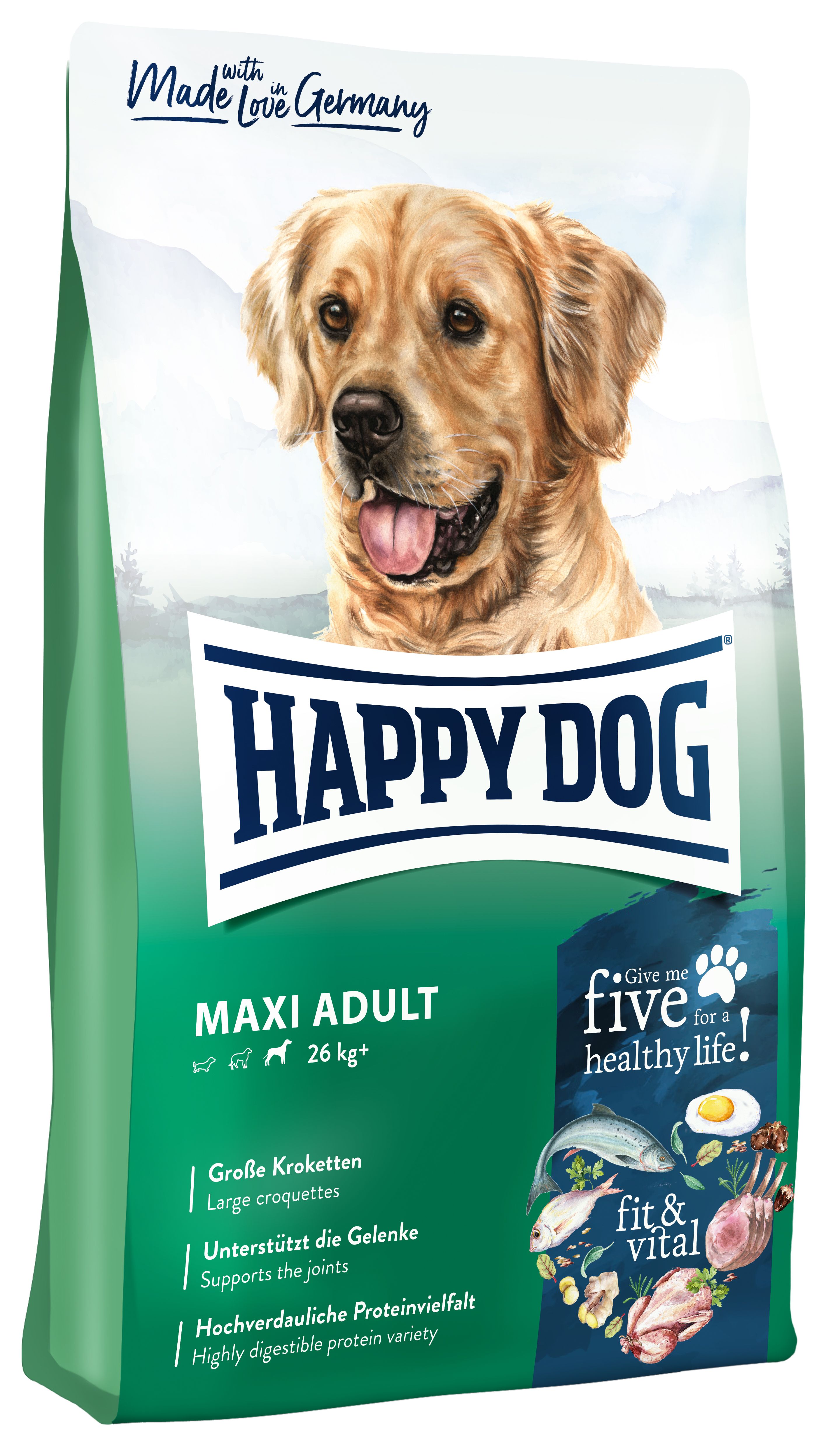 Hundefutterbeutel mit Happy Dog Logo und Maxi Adult Aufschrift. Abbildung eines Golden Retrievers. "Made with Love Germany".