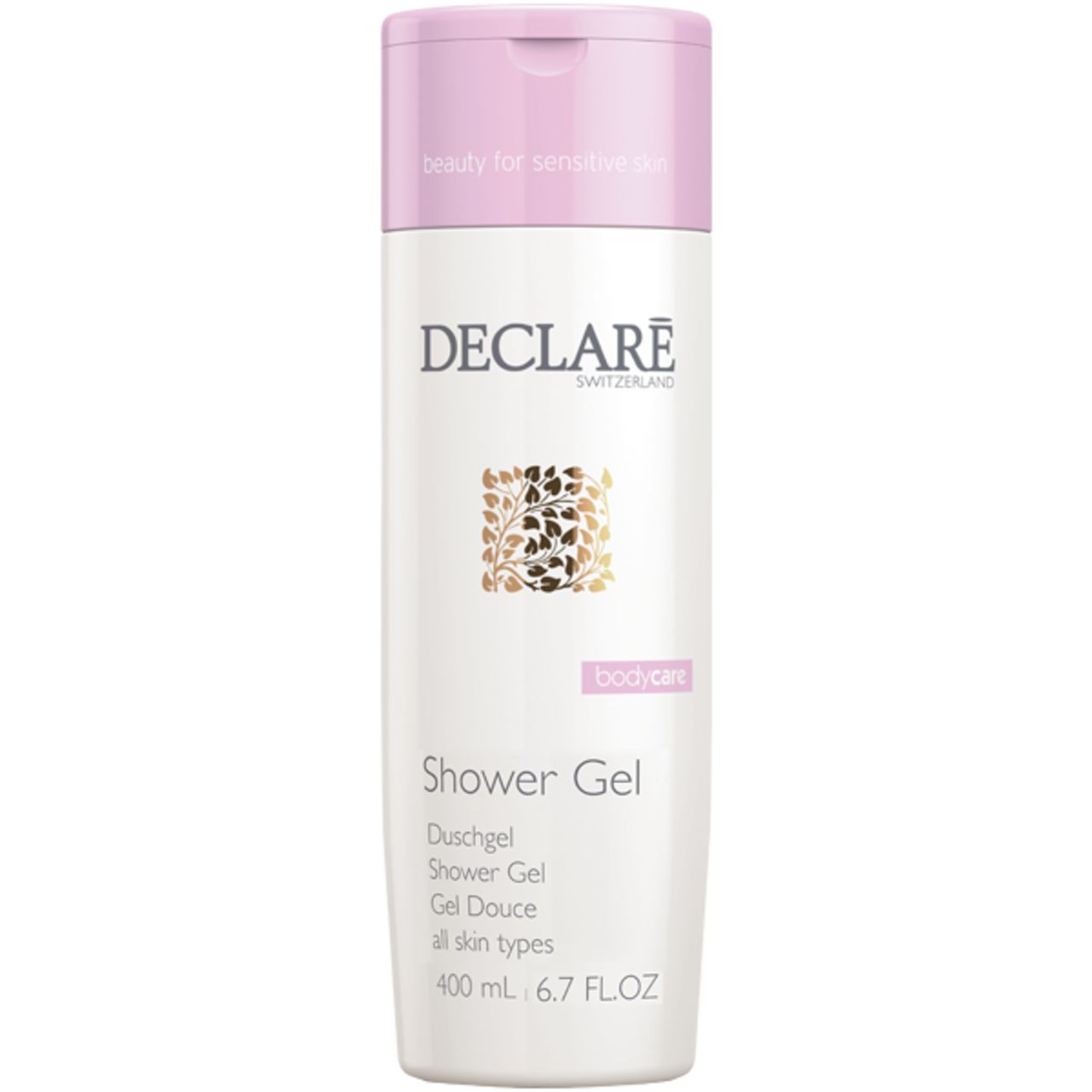 Weißes Duschgel mit rosa Deckel. Aufschrift Declare, Schriftzug 'Shower Gel' und 'bodycare'.