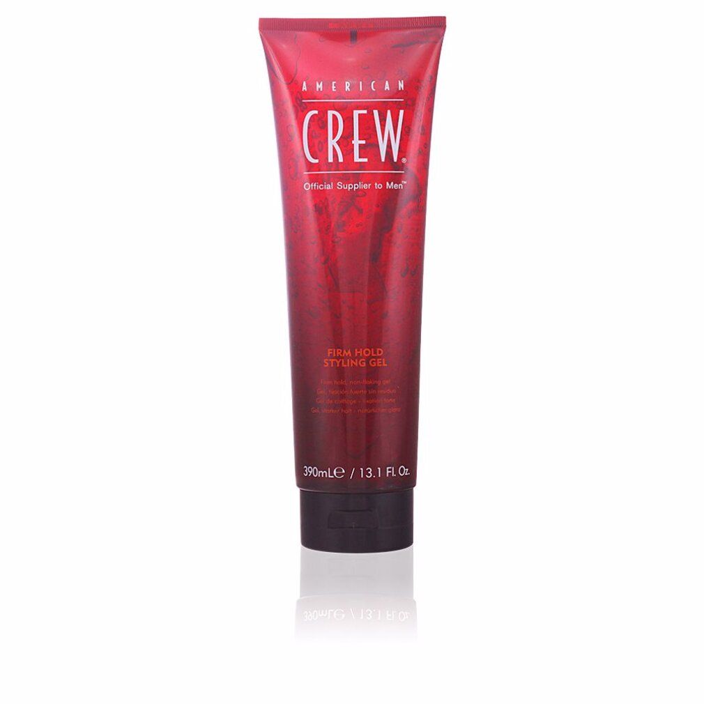 Rote Tube mit weißem Schriftzug AMERICAN CREW. Aufschrift: Firm Hold Styling Gel. Schwarzer Deckel. Volumenangabe: 390ml / 13.1 Fl. Oz.