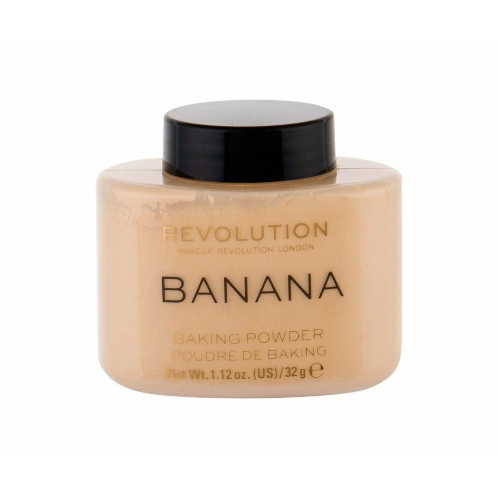 Beige Puderbehälter mit schwarzem Deckel. Aufschrift: REVOLUTION, BANANA, BAKING POWDER, Net Wt. 1.12 oz. (US)/32g e.