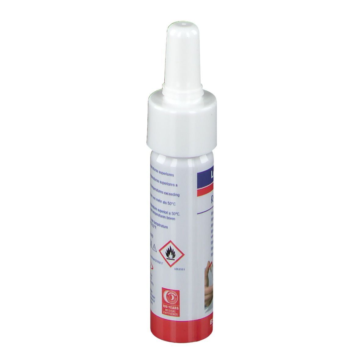 Leukoplast Rhagadil Spray. Weiße Flasche mit rotem Boden. Text und Warnhinweise auf dem Etikett.
