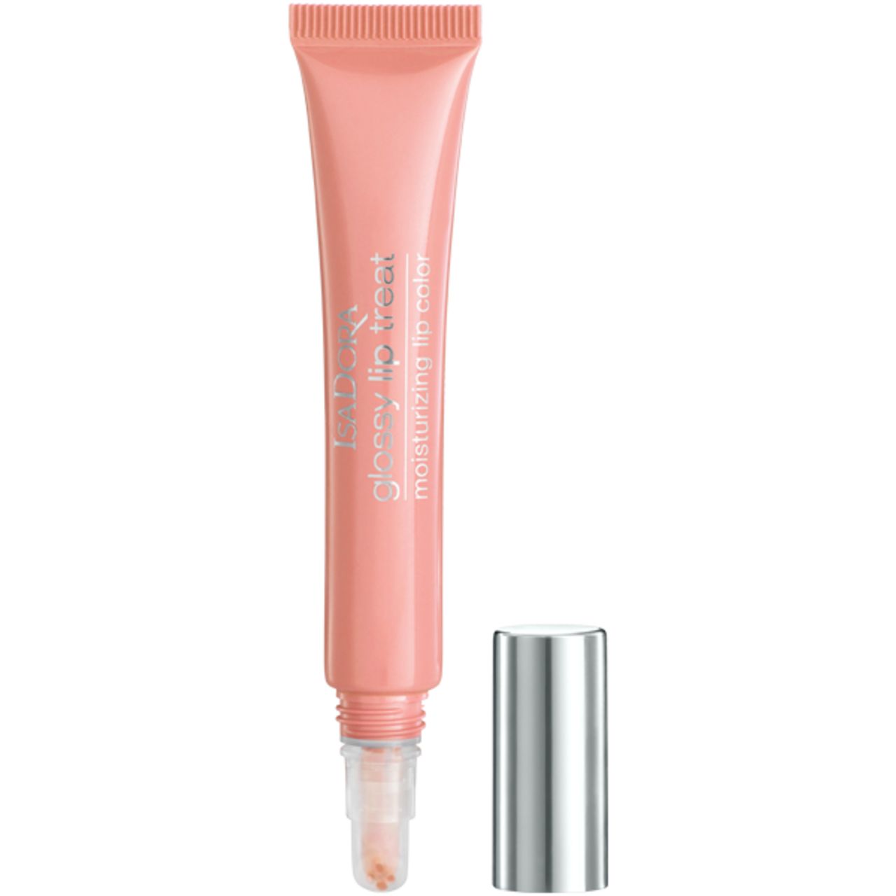 IsaDora Glossy Lip Treat. Rosa Lippenfarbe in Tube mit silbernem Deckel. Text: Glossy Lip Treat, moisturizing lip color. Deckel daneben.