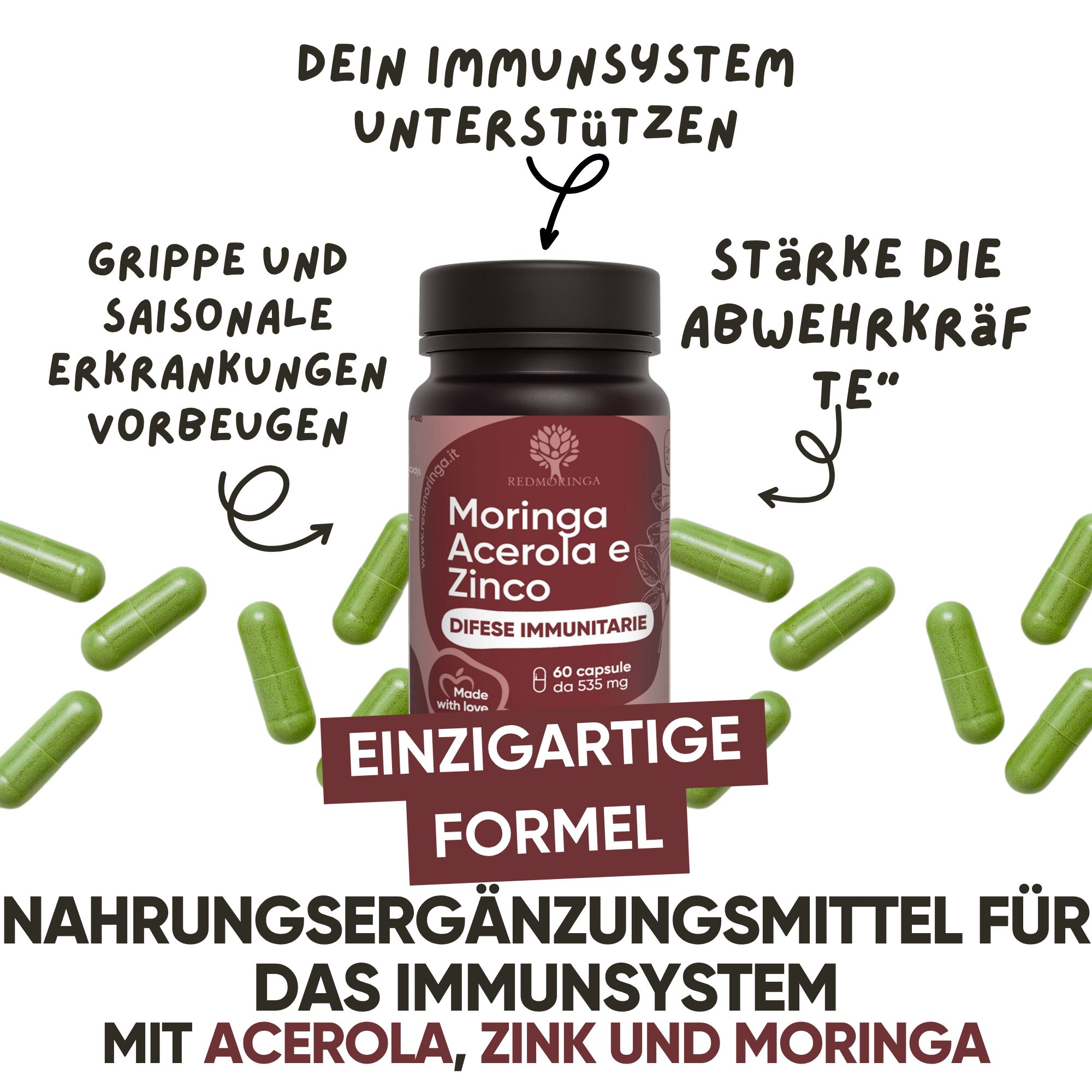 Flasche mit Kapseln, umgeben von grünen Kapseln. Unterstützt das Immunsystem.