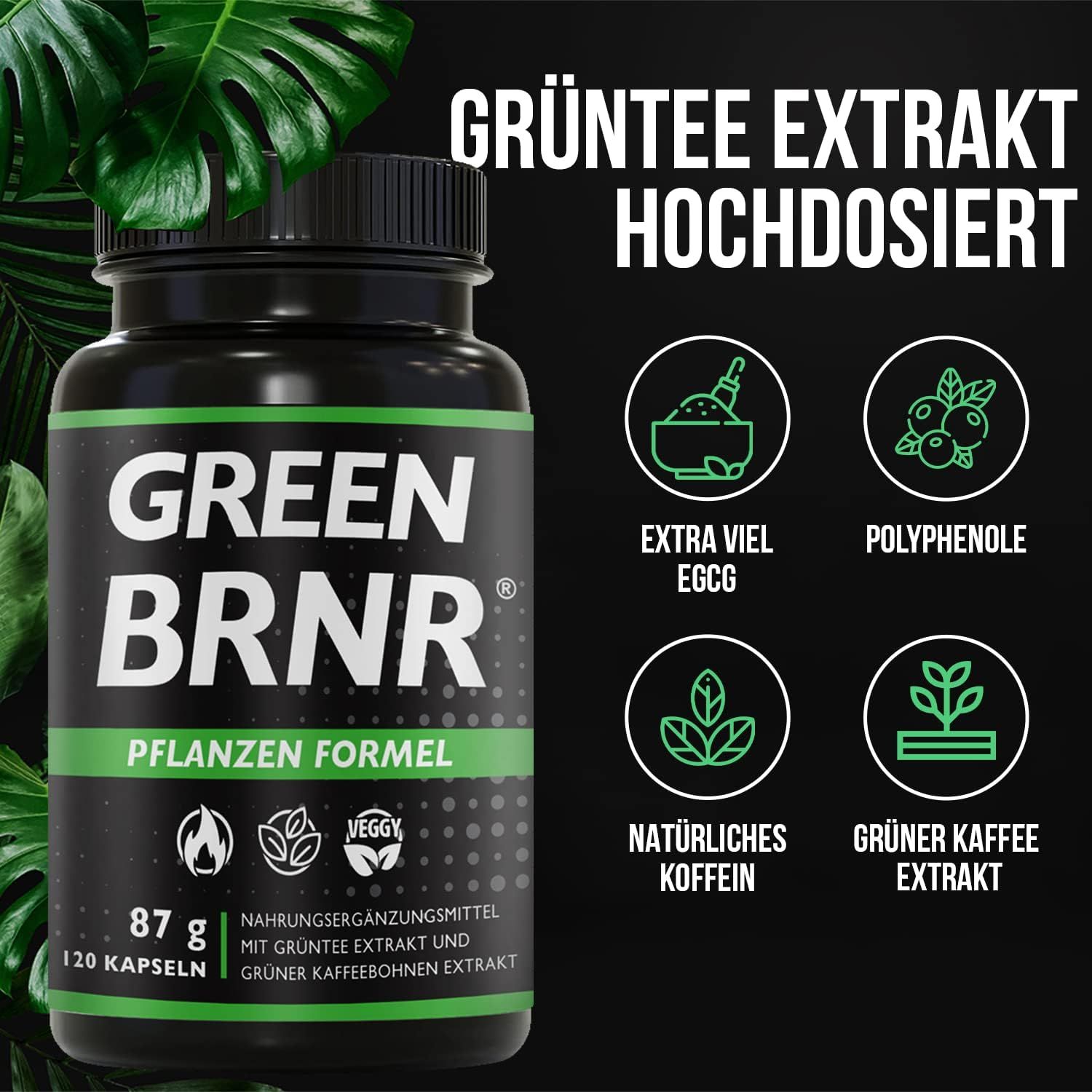 Schwarze Flasche mit grünem Etikett. Text: GREEN BRNR, Pflanzen Formel, 120 Kapseln. Illustrationen: Blätter, Feuer, Veggy.