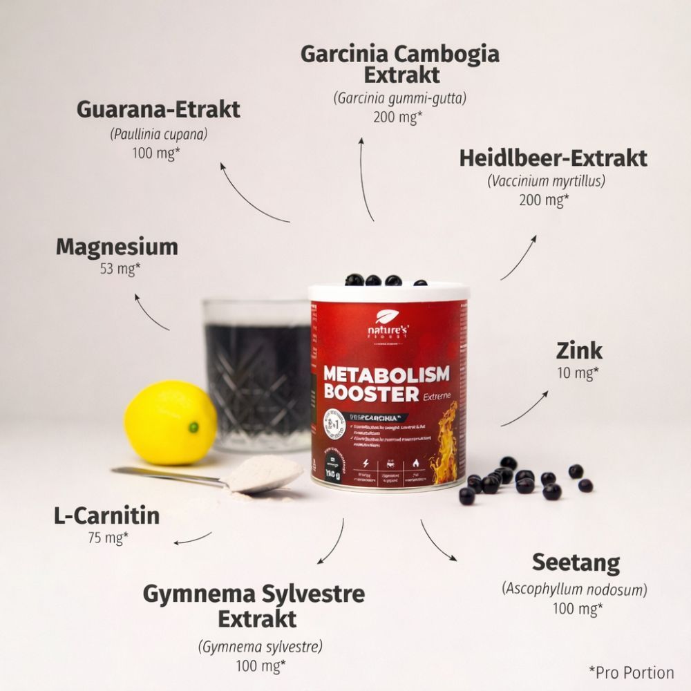 Dose Nature's Finest Metabolism Booster Extreme mit Zutaten wie Guarana und L-Carnitin.