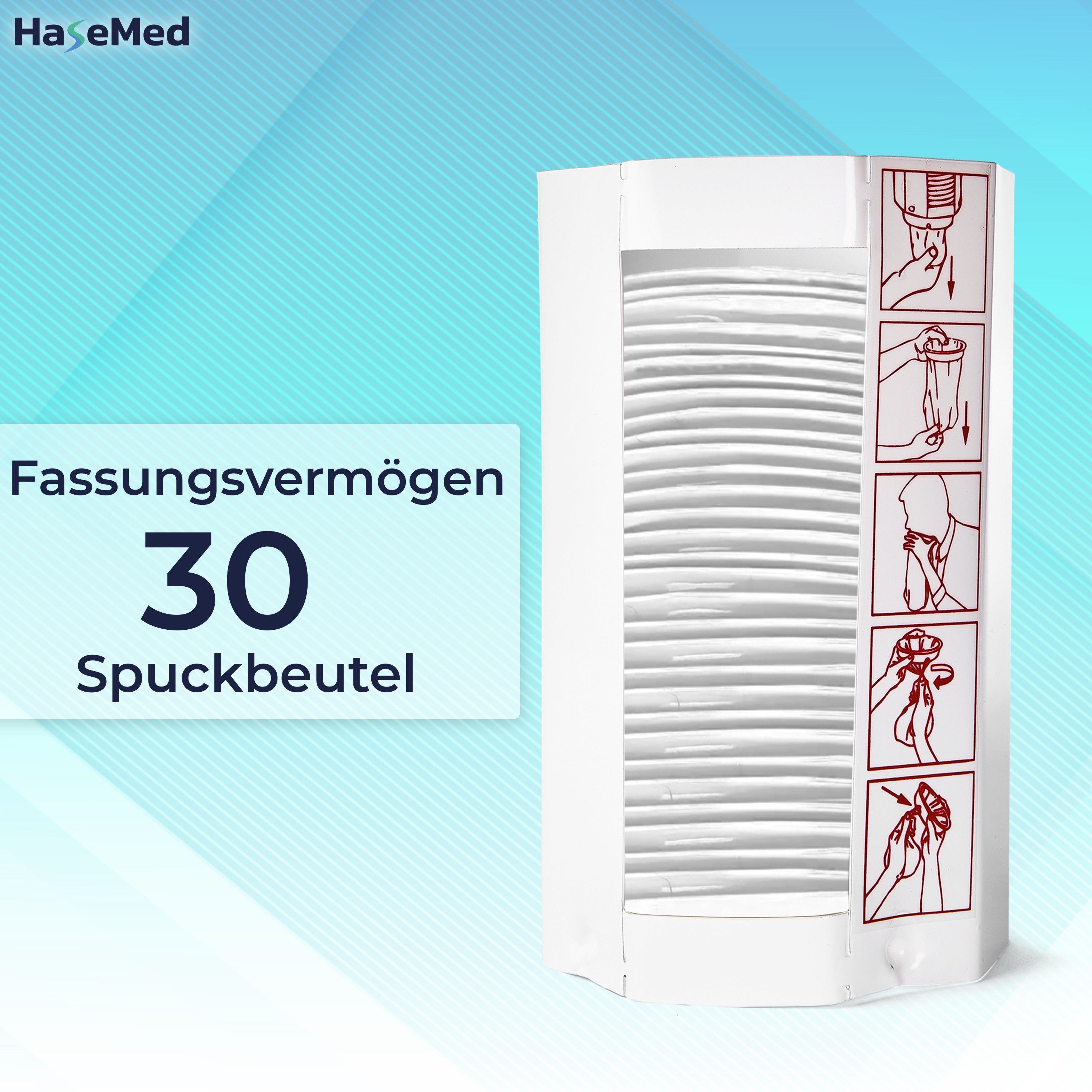 Weißer Metallspender für Spuckbeutel. Fassungsvermögen: 30 Spuckbeutel. Auf der Seite sind Anweisungen abgebildet. Logo: HaseMed.