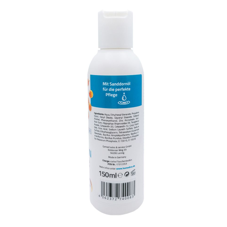 Rückseite der weißen Flasche. Enthält Text mit Inhaltsstoffen und "Mit Sanddornöl". Volumen: 150ml. Hergestellt in Deutschland.