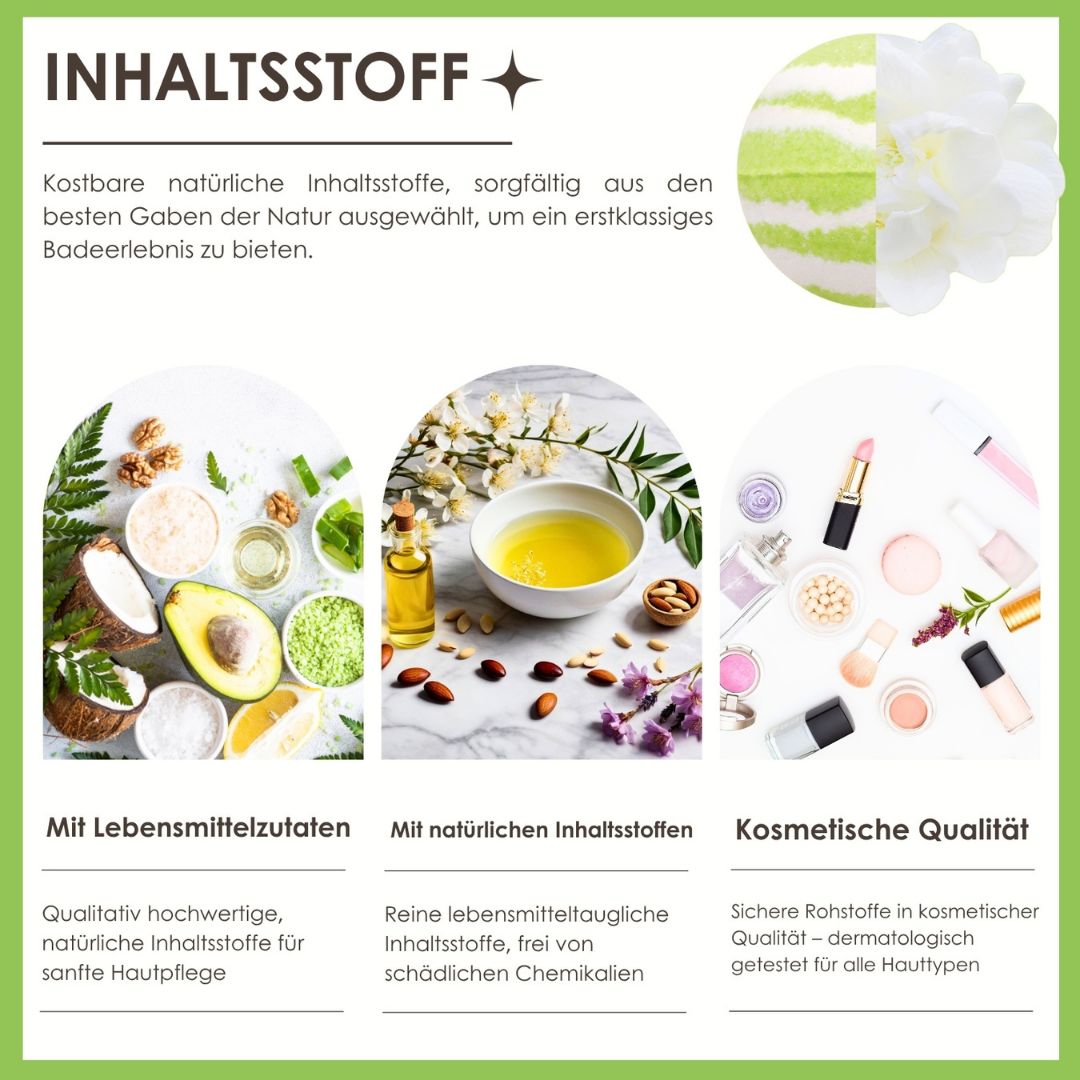 Infografik: Inhaltsstoffe. Text: Mit Lebensmitteln, mit natürlichen Inhaltsstoffen, kosmetische Qualität. Produkte.