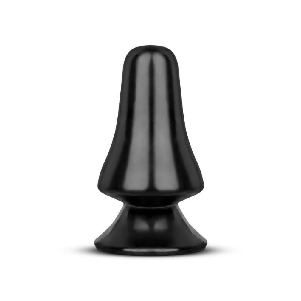 Schwarzer Analplug mit konischer Form. Basis und Spitze sind abgerundet. Glatte Oberfläche.